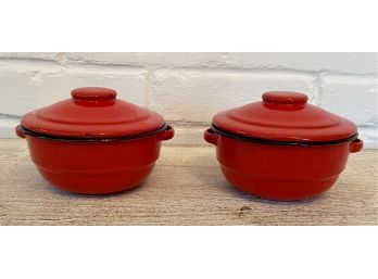 Pair Of Red Enameled Metal Containers W/ Lids