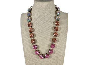 Vintage Gold Tone Large Glass Stone Pink Purple Necklace Designer