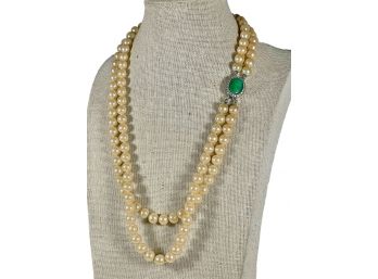 Double Strand Faux Pearl Necklace W Large Green Jadeite Clasp