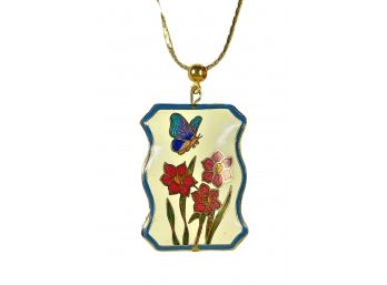 1980s Chinese Cloisonne Enamel Butterfly Pendant & Gold Tone Chain Necklace