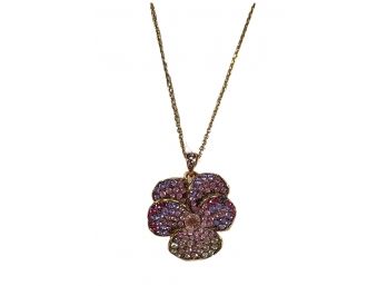 Signed Joan Rivers Multi Colored Rhinestone Gold Tone Pansy Necklace