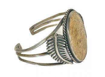 Native American Indian Sterling Silver Cuff Bracelet With Large Oval Stone