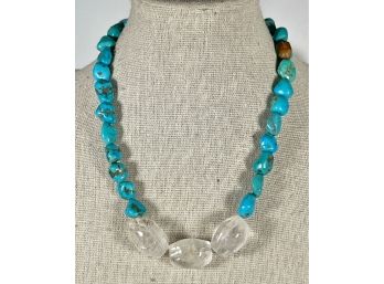 Genuine Turquoise & Crystal Beaded Necklace Sterling Silver