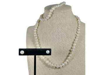 Genuine Cultured Pearl Necklace Bracelet & Pierced Earrings Suite
