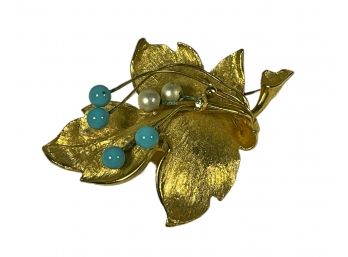 Vintage Gold Tone Leaf Brooch W Turquoise Stones