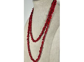 Elongated Strand Of Red Coral Beads Necklace