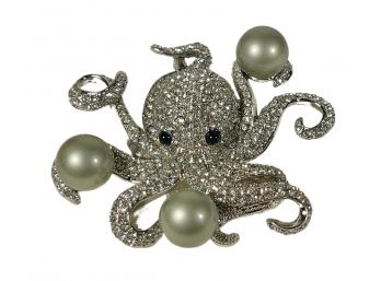 Signed Designer Rhinestone Octopus Brooch W Faux Pearls