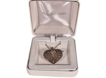 Sterling Silver Heart Shaped Pendant Locket W Pink Stone Original Box