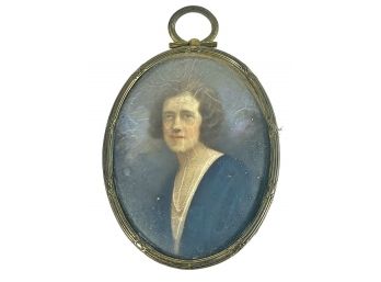 Antique Miniature Portrait Of Woman In Gilt Brass Frame (damaged)