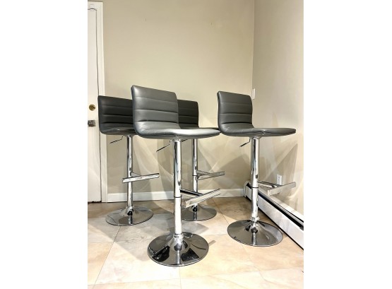 Dark Gray Leather Barstools With Chrome Adjustable Stands - Italian