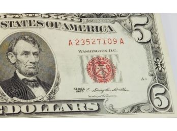 1963 Red Seal $5  Dollar Bill  Unc