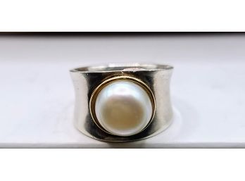 Substantial Sterling And 18kt Mabe Pearl Ring