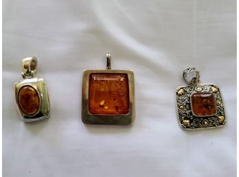 Trio Of Amber/topaz Colored Pendants Stamped 925 One With 18kt Accents