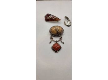 Two Sterling Pendants And Sterling Pin With Semi Precious Stones