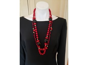 Red, Black And Gold Double Strand Beaded Necklace
