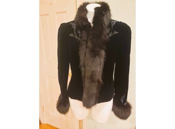 Chic Vintage Fur Trimmed Velvet Jacket With Sequined Embellishments, Marked Size 12, But Fits Size 4 Person