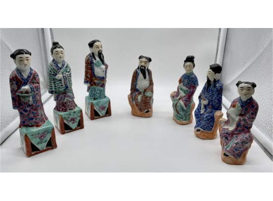 Lot Of Seven Asian Hand Painted Glazed Ceramic Figurines