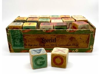 Lot Of 34 Vintage Wooden Blocks - Letters & Numbers
