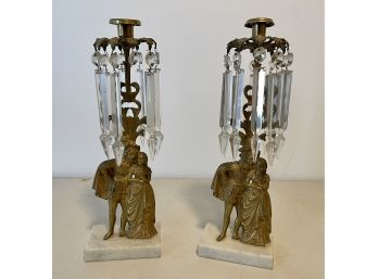 Rare Antique Victorian Brass & Marble Base Girandole Candle Holders - Note Chip In Marble Base In Picture