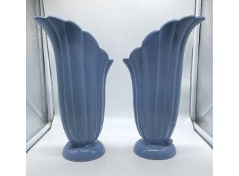 Pair Of  Light Blue Vintage 1940s Glazed Ceramic Art Deco Vases By Abingdon Marked #550
