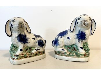 Pair Of Glazed Ceramic Painted Rabbits
