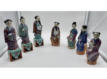 Lot Of Seven Asian Hand Painted Glazed Ceramic Figurines