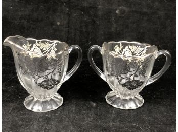 Silver Floral Glass Creamer And Sugar Set