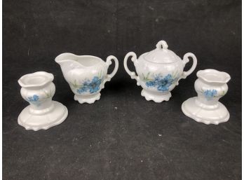 Blue Floral Sugar, Creamer, And Candlestick Holders