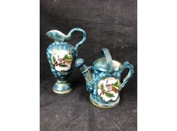 Blue Painted Peacock Ceramic Watering Can And Pitcher