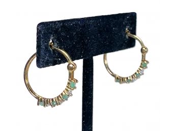 Gold Over Sterling Silver Hoop Earrings W Emeralds