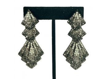Beautiful Art Deco Style Silver Tone Rhinestone Pierced Earrings Eveningwear