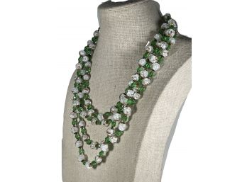 Vintage Green Glass And Opalescent Beaded Multi Strand Necklace