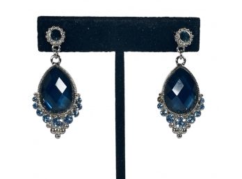 Very Pretty Contemporary Blue And White Rhinestone Silver Tone Pierced Earrings