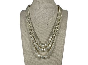 Triple  Strand Faux Pearl Necklace Signed