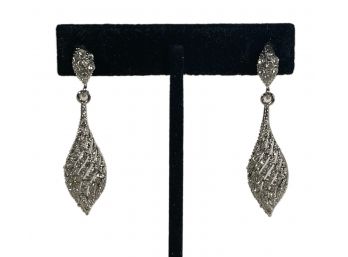 Pair Elegant Silver Tone White Rhinestone Pierced Earrings Drops
