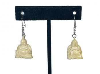 Vintage Carved Chinese Bone Pierced Earrings Seated Buddha