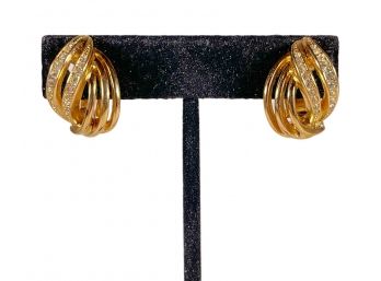 Pair Signed Christian Dior Gold Tone And Rhinestone Clip Earrings