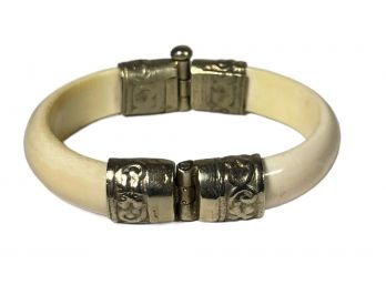 Vintage Silver Plated And Carved Bone Cuff Bracelet