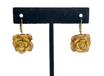 Pair Fine Gold Tone Pierced Earrings Enamel Rhinestone Floral Form