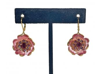 Signed Joan Rivers Gold Tone Enamel Rhinestone Floral Form Pierced Earrings