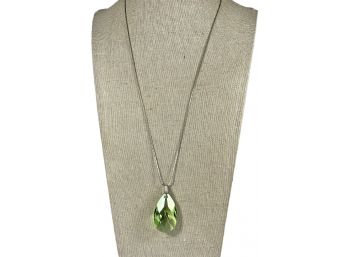 Vintage Silver Tone Necklace W Green Crystal Pendant Drop