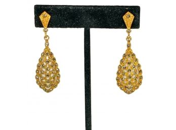 Pair Contemporary Gold Over Silver Pendant Pierced Earrings With Stones