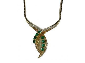 Vintage Green And White Rhinestone Gold Tone Necklace