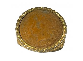 Vintage Gold Tone Ring Having 1908 Indian Head Penny