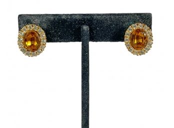 Gold Tone Citrine Colored Glass Stone Pierced Earrings