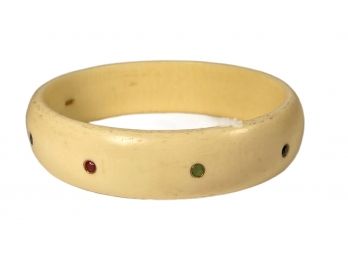 14k Gold Carved Bone Bangle Bracelet W Precious Stones