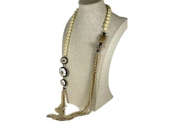Fine Costume Enamel And Faux Pearl Elongated Necklace Multi Strand
