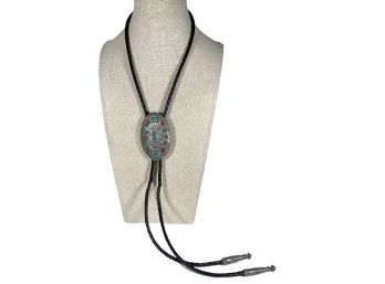 Vintage Silver Tone Metal Coral Turquoise Mens Bolo Tie Leather