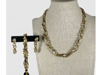 Vintage Gold Tone Rhinestone Necklace Bracelet And Earrings