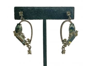 Pair Fancy Blue Rhinestone Gold Tone Pierced Earrings